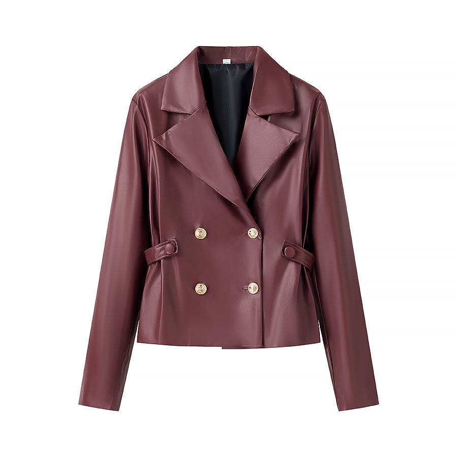 Women's Fashionable Faux Leather Blazer and Skirt Set