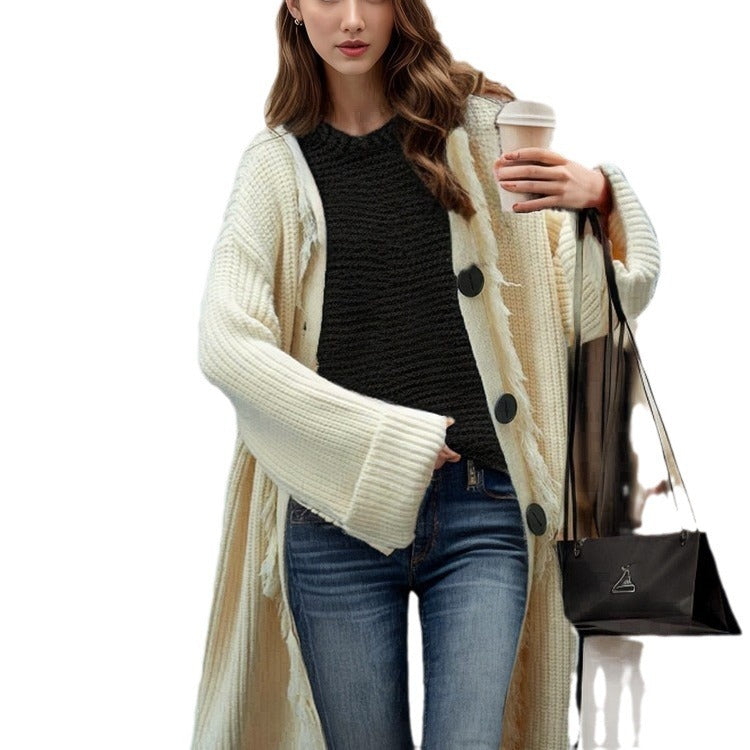 Women's Casual Knit Coat with Fringed Edges and Spacious Pockets