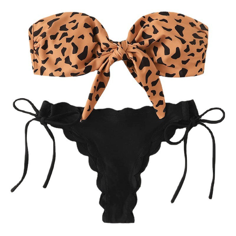 Women's Leopard Print Bandeau Bikini with Adjustable Bottoms