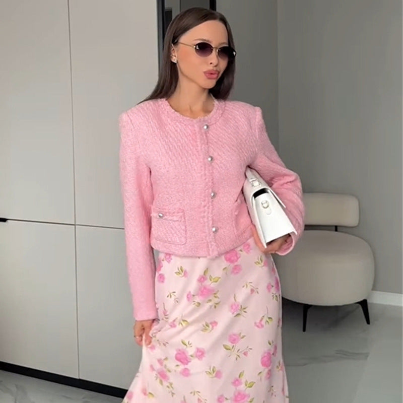 Women's Elegant Short Jacket with Textured Surface and Feminine Details