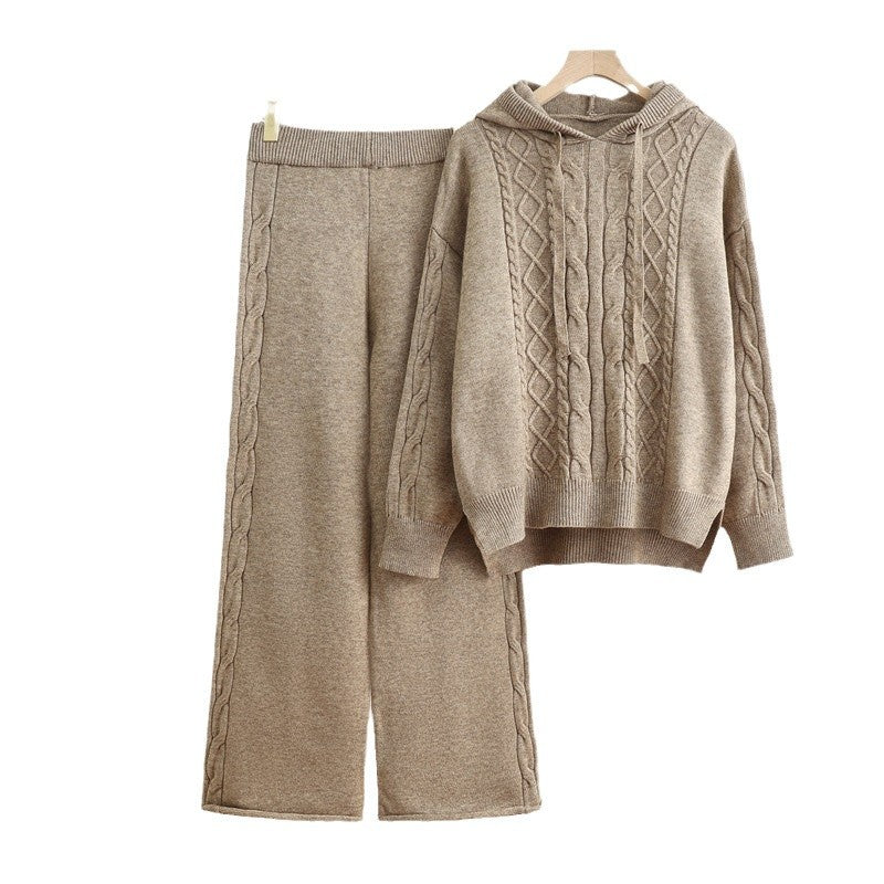 Women's Casual Knit Loungewear Set with Hood and Wide Legs