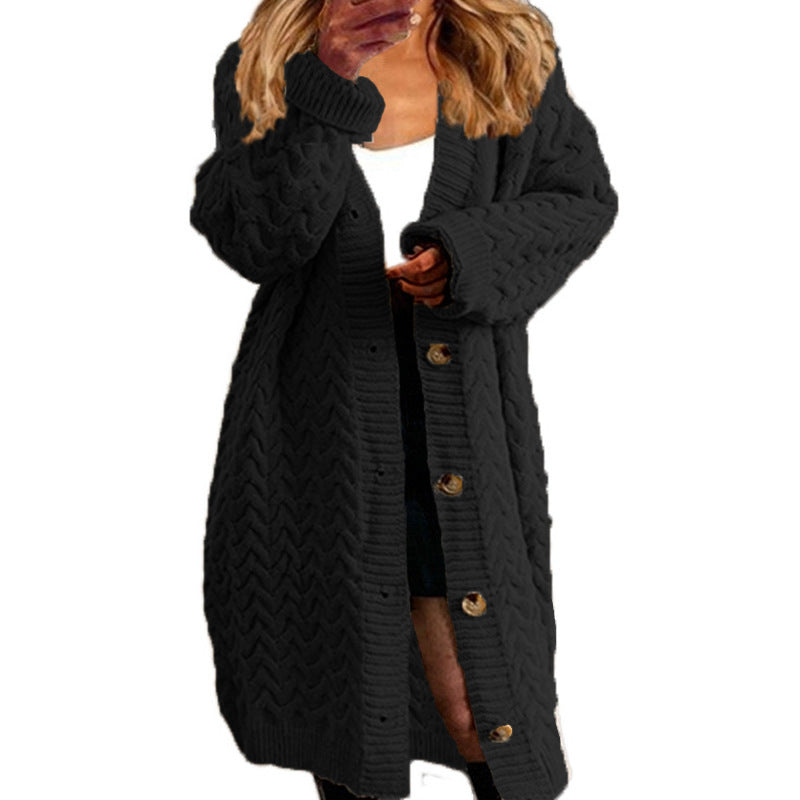 Women's Large Knit Coat with Decorative Button Closure and Cable Pattern