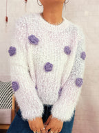 Cozy Fluffy Sweater with Playful Floral Appliqués
