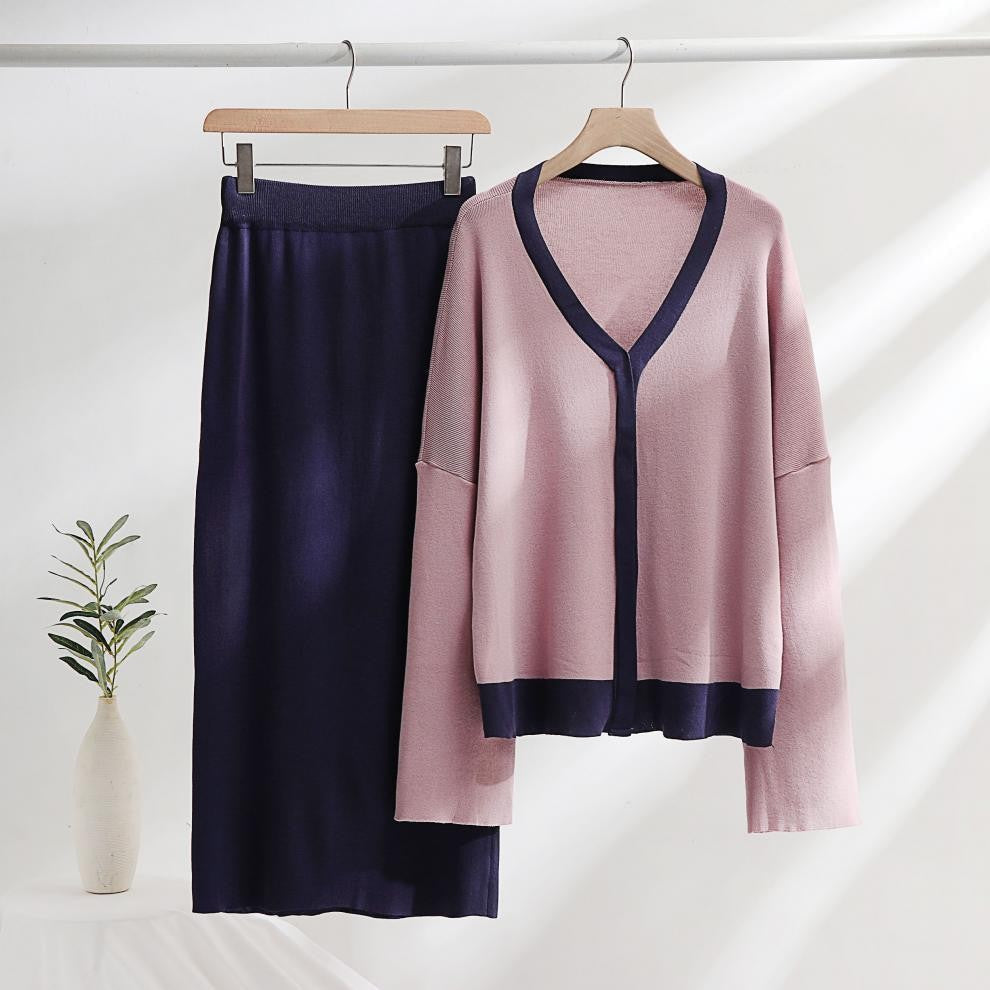 Women's Elegant Knit Set with Deep V-Neck and Contrast Details