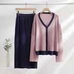 Women's Elegant Knit Set with Deep V-Neck and Contrast Details