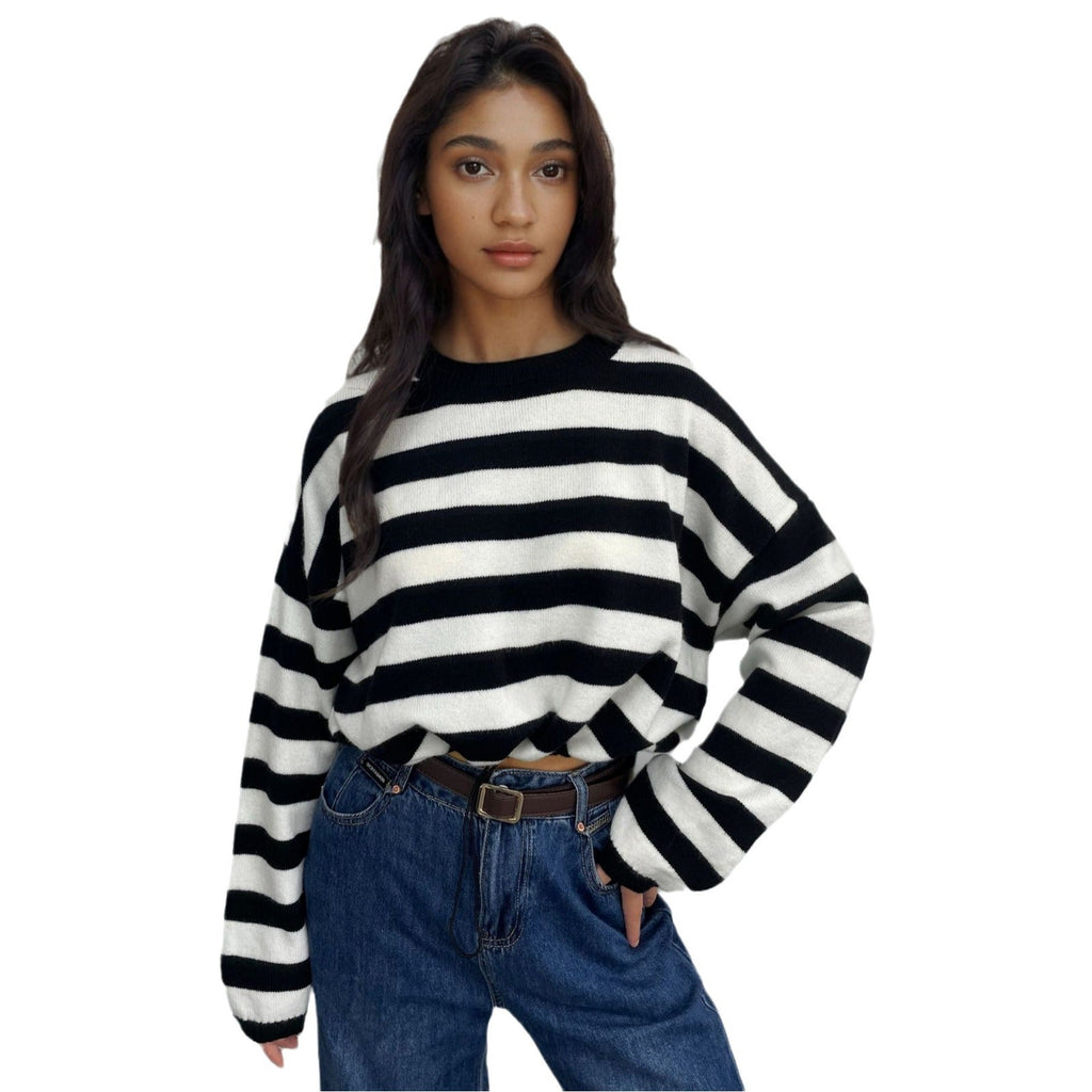 Women's Cozy Striped Sweater with Casual Fit and Deep Hem