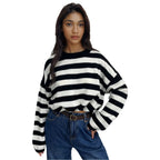 Women's Cozy Striped Sweater with Casual Fit and Deep Hem