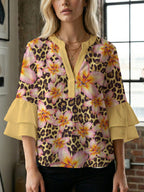 Casual Blouse with Ruffle Sleeves and Botanical Print