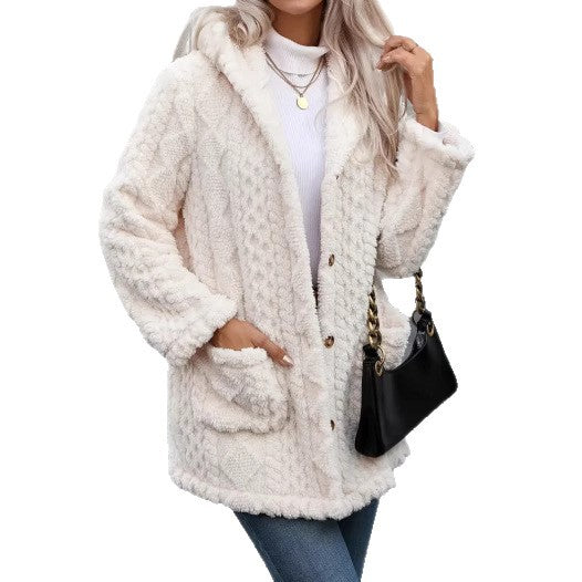 Women's Soft Plush Jacket with Hood and Pockets
