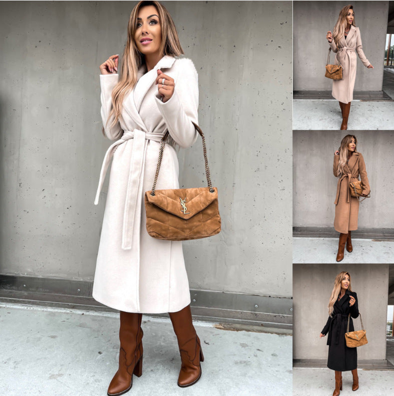 Elegant Long-Sleeve Wool Coat with Waist Belt