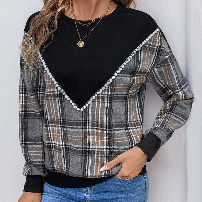 Women's Comfortable Plaid Sweater with Decorative V-Neck and Elastic Cuffs