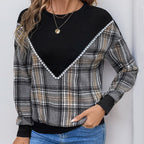 Women's Comfortable Plaid Sweater with Decorative V-Neck and Elastic Cuffs