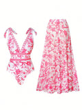 Women's Floral Swimsuit Set with Matching Skirt