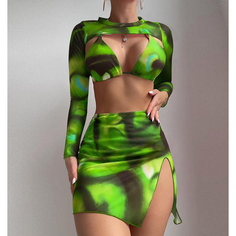 Women's Fashionable Long-Sleeve Crop Top and High-Waisted Skirt