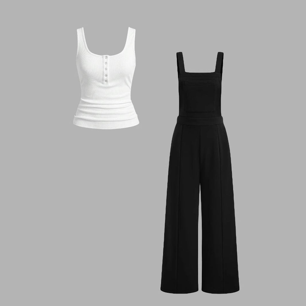 Women's Casual Tank Top and Wide-Leg Overalls Set