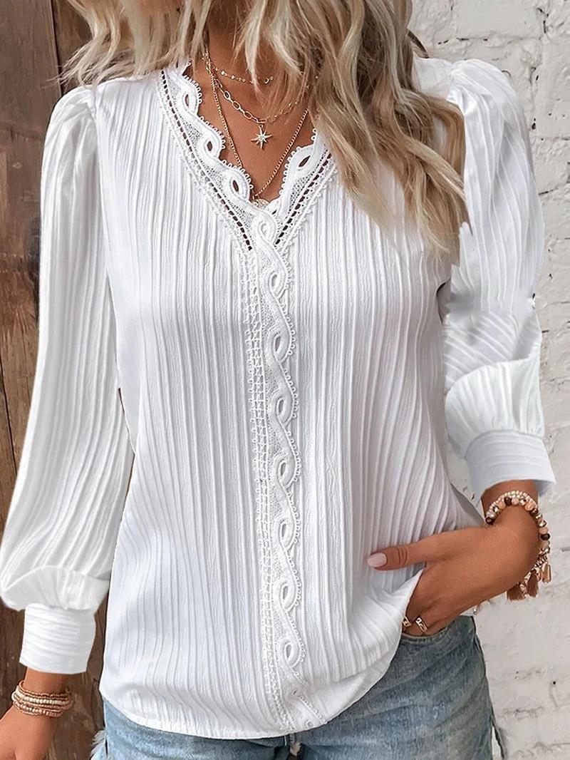 Women's Blouse with Textured Design and Romantic Lace Accents