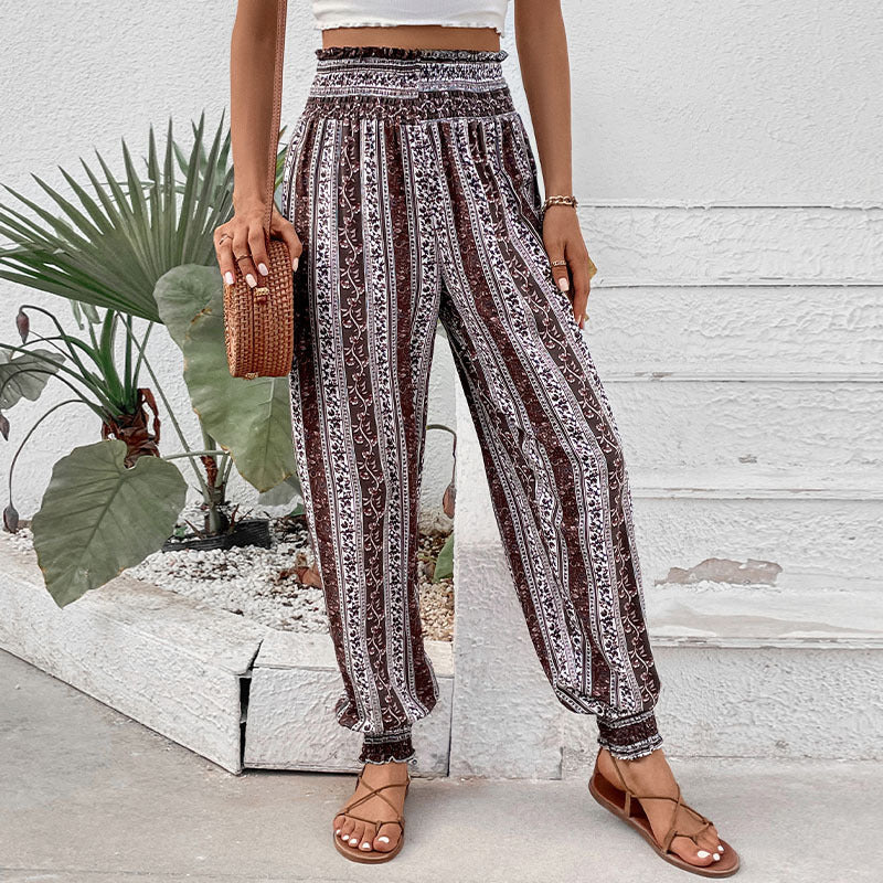 Women's Bohemian Style Casual Pants with Elastic Waist and Floral Pattern