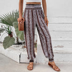 Women's Bohemian Style Casual Pants with Elastic Waist and Floral Pattern