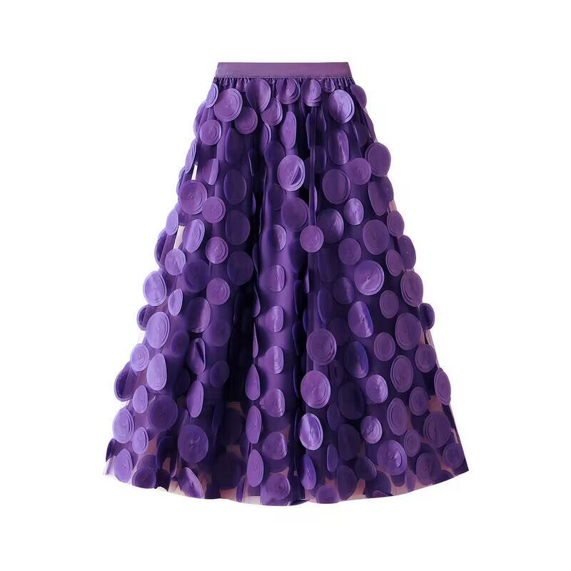 Flared Midi Skirt with Transparent 3D Appliqués and Elastic Waistband
