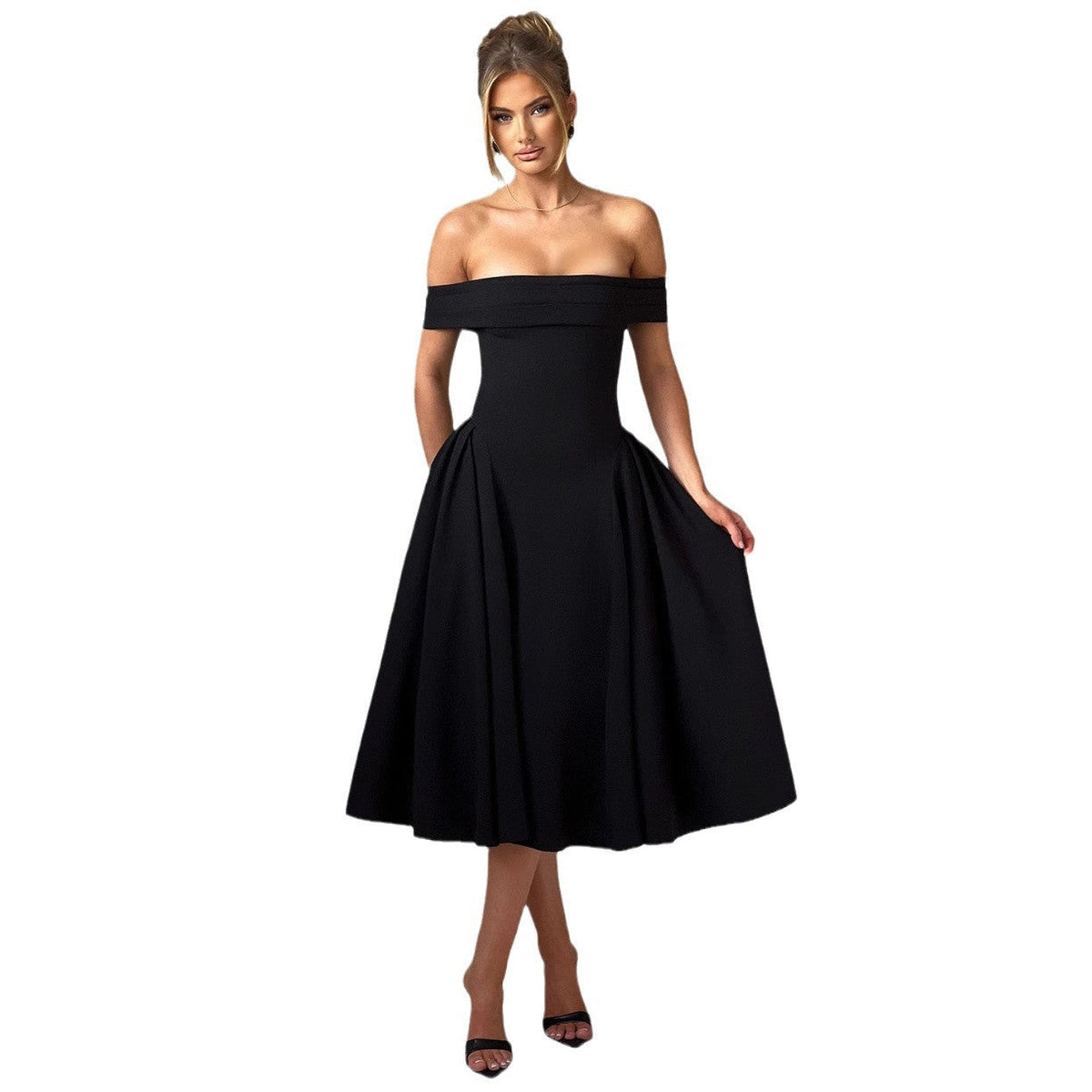 Women's Cocktail Dress with Off-Shoulder Design and Voluminous Skirt