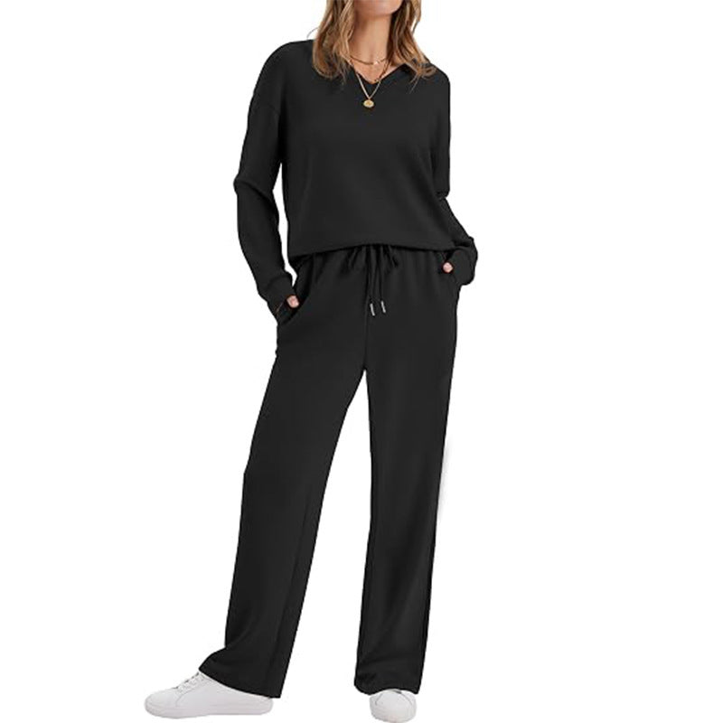 Women's Casual Lounge Set with V-Neck Sweatshirt and Loose Drawstring Pants