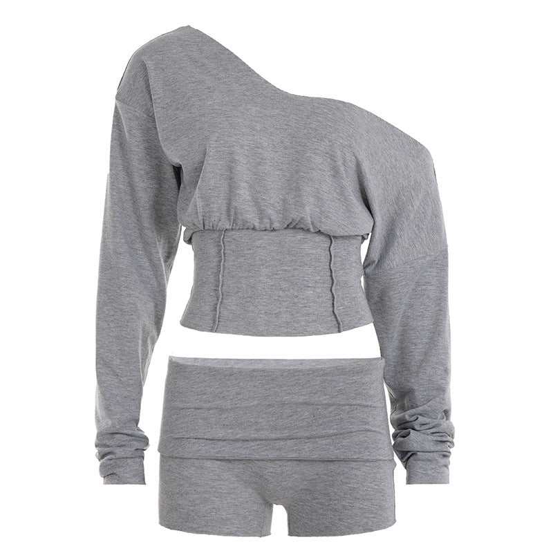 Asymmetrical One-Shoulder Lounge Set with Crop Top and Cuffed Shorts