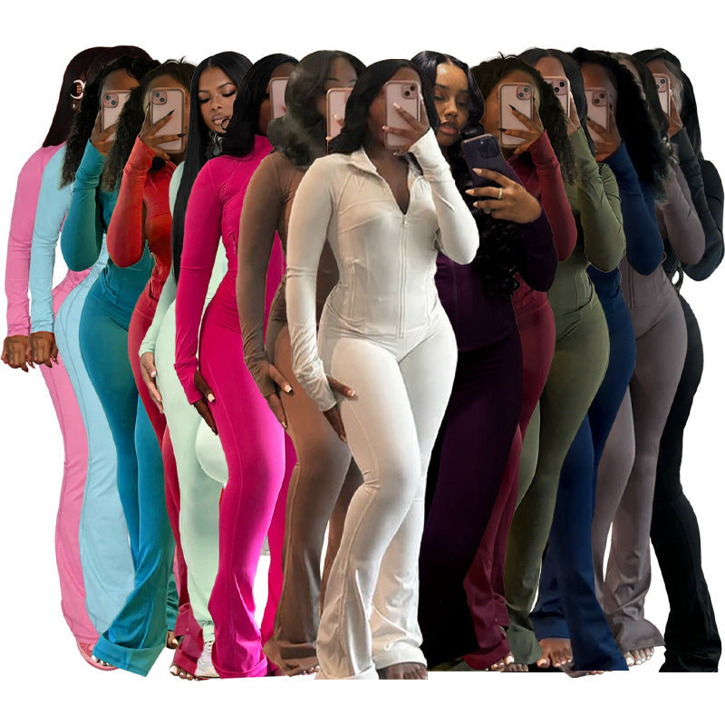 Figure-Hugging Tracksuit with Zipper and Flared Leg