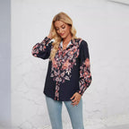 Women's Blouse with Floral Accents and Elegant Button Placket