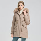 Women's Fashionable Puffer Jacket with Detachable Faux Fur Collar and Functional Pockets