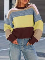 Women's Chunky Knit Sweater with Color Block Design and Oversized Fit