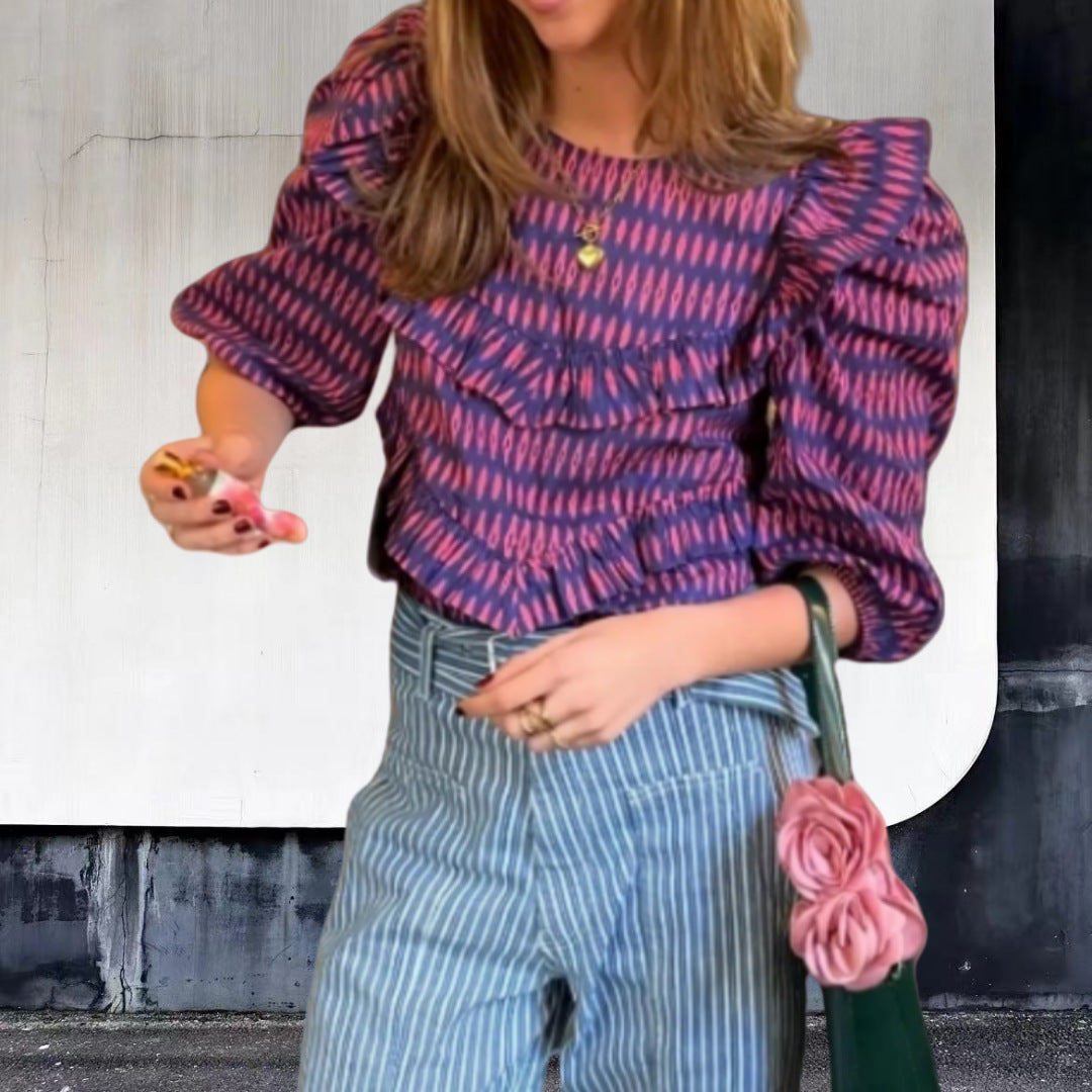 Women's Blouse with Ruching and Chic Ruffle