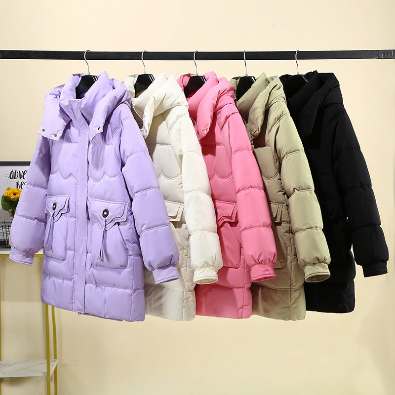 Women's Long Puffer Jacket with Practical Hooded Collar and Large Pockets