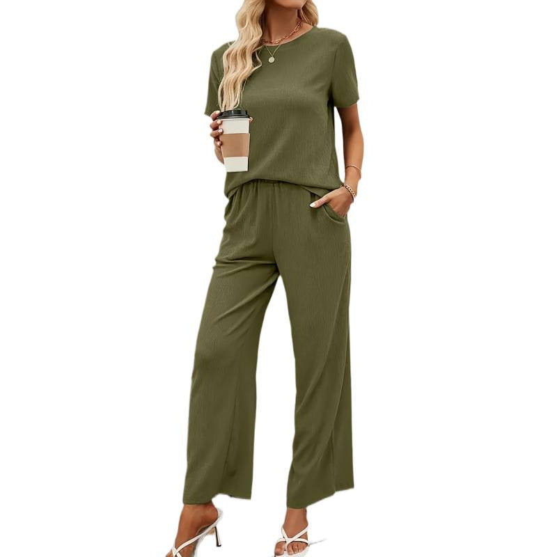 Women's Short-Sleeve Overall with Ruffle Details and Tie Belt