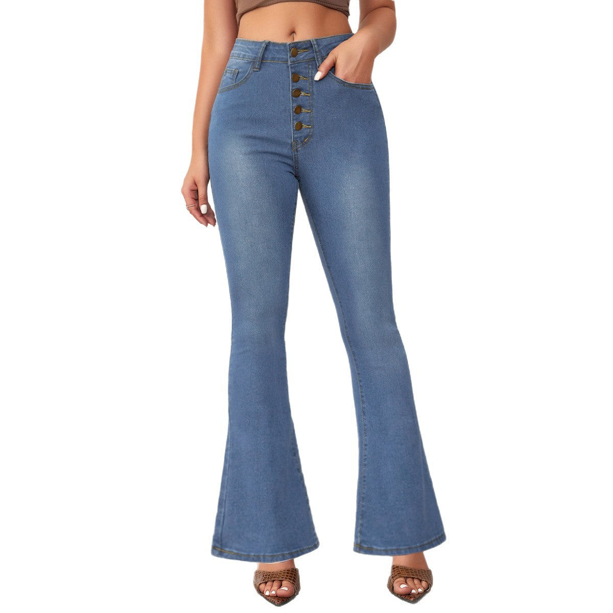 Women's Flared Jeans with High Waist and Button Detail