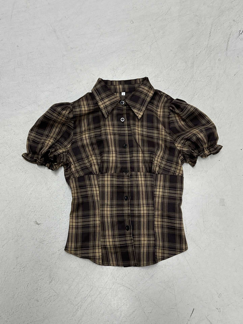 Women's Plaid Shirt with Puff Sleeves and Button Detail
