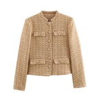 Women's Elegant Bouclé Jacket with Gold Buttons and Patch Pockets