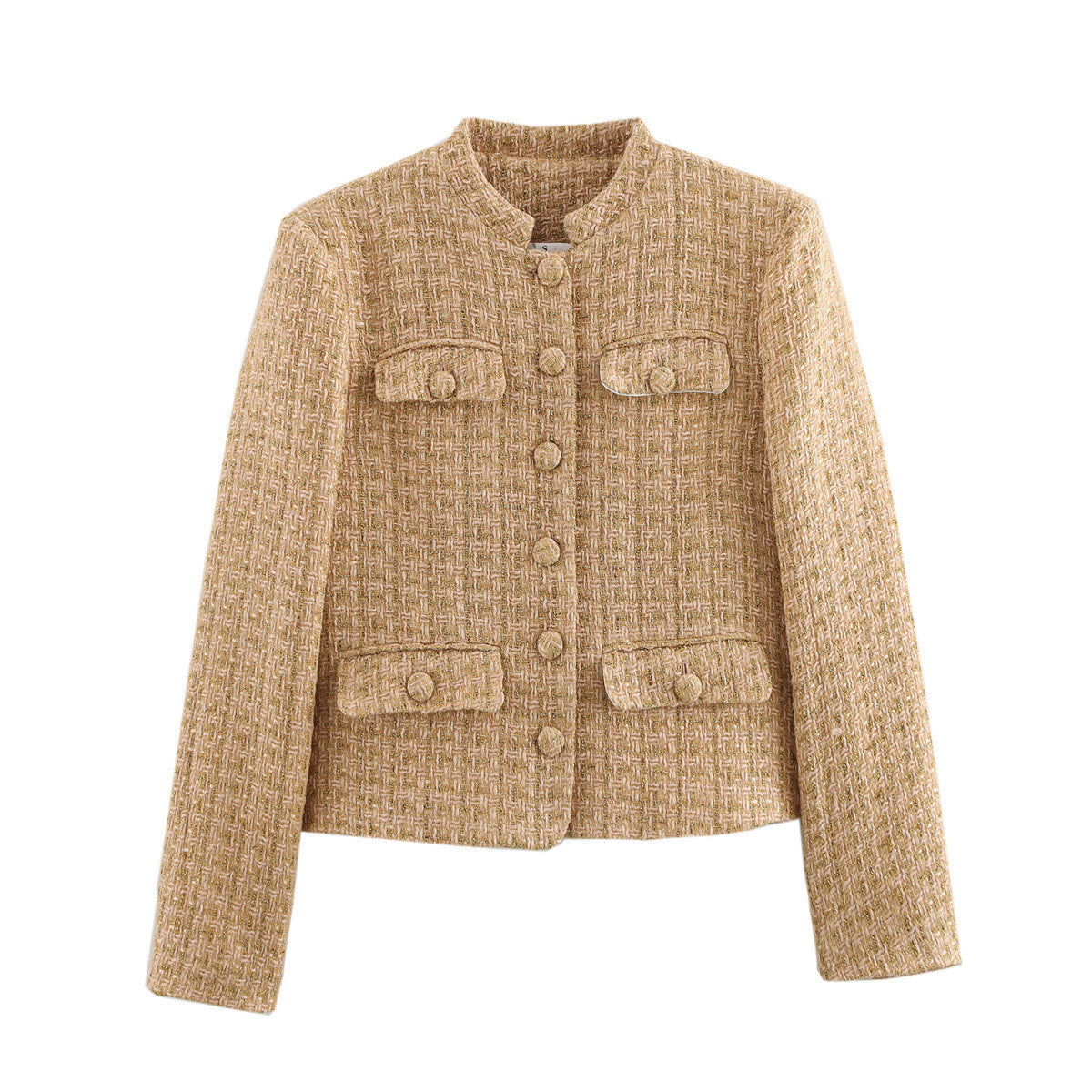 Women's Elegant Bouclé Jacket with Gold Buttons and Patch Pockets
