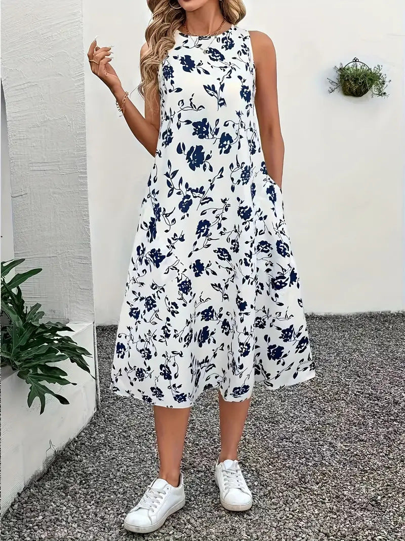 Women's Sleeveless Floral Maxi Dress with Pockets