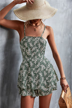 Women's Floral Romper with Delicate Spaghetti Straps and Voluminous Skirt