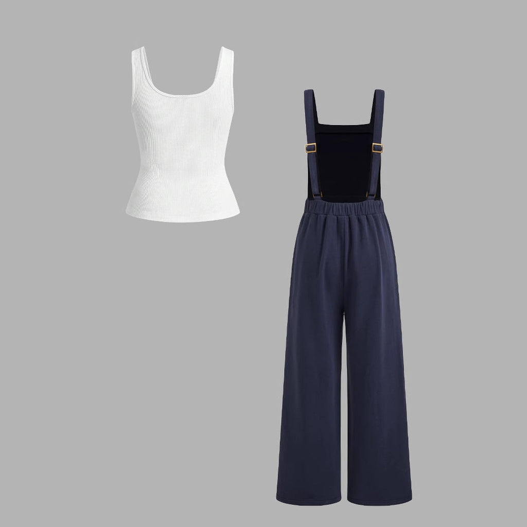 Women's Casual Tank Top and Wide-Leg Overalls Set