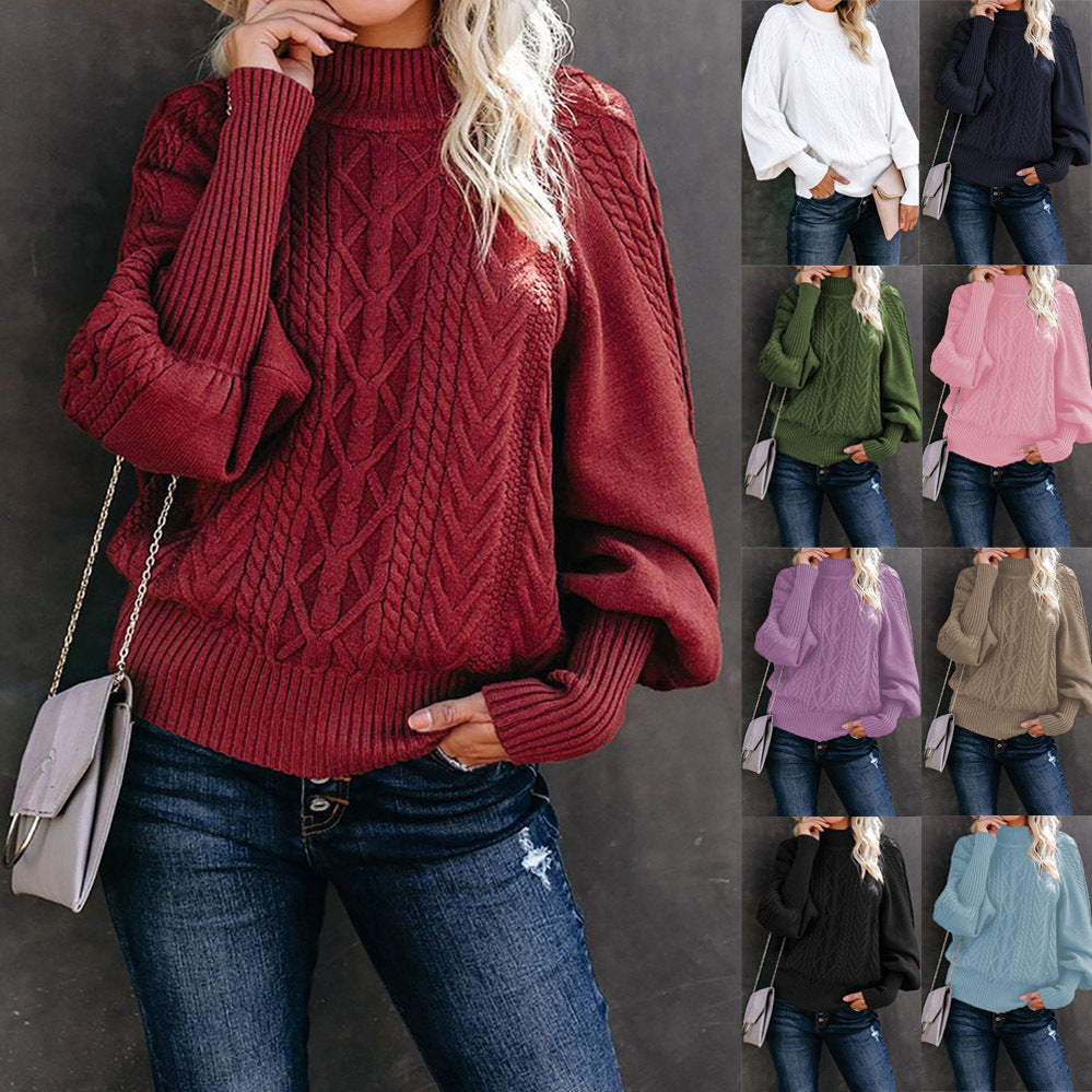 Women's Chunky Knit Sweater with High Neck and Casual Balloon Sleeves
