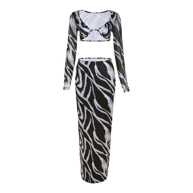 Women's Elegant Striped Crop Top and Maxi Skirt Set