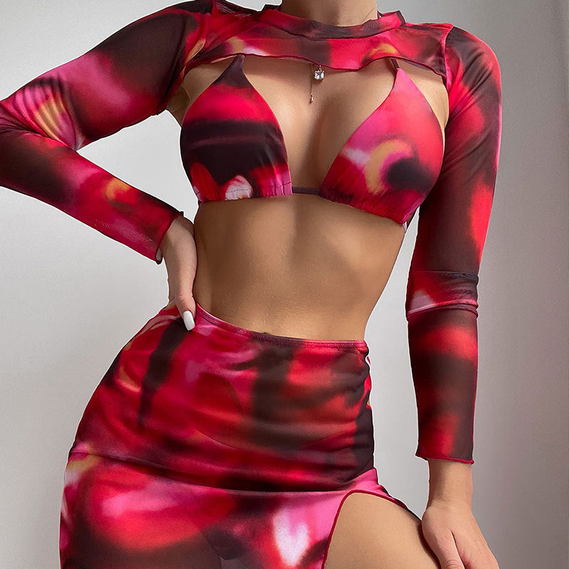 Women's Fashionable Long-Sleeve Crop Top and Asymmetrical Skirt Set