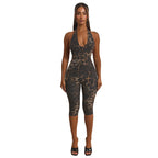 Women's Bodycon Jumpsuit with Snake Print and Deep Neckline