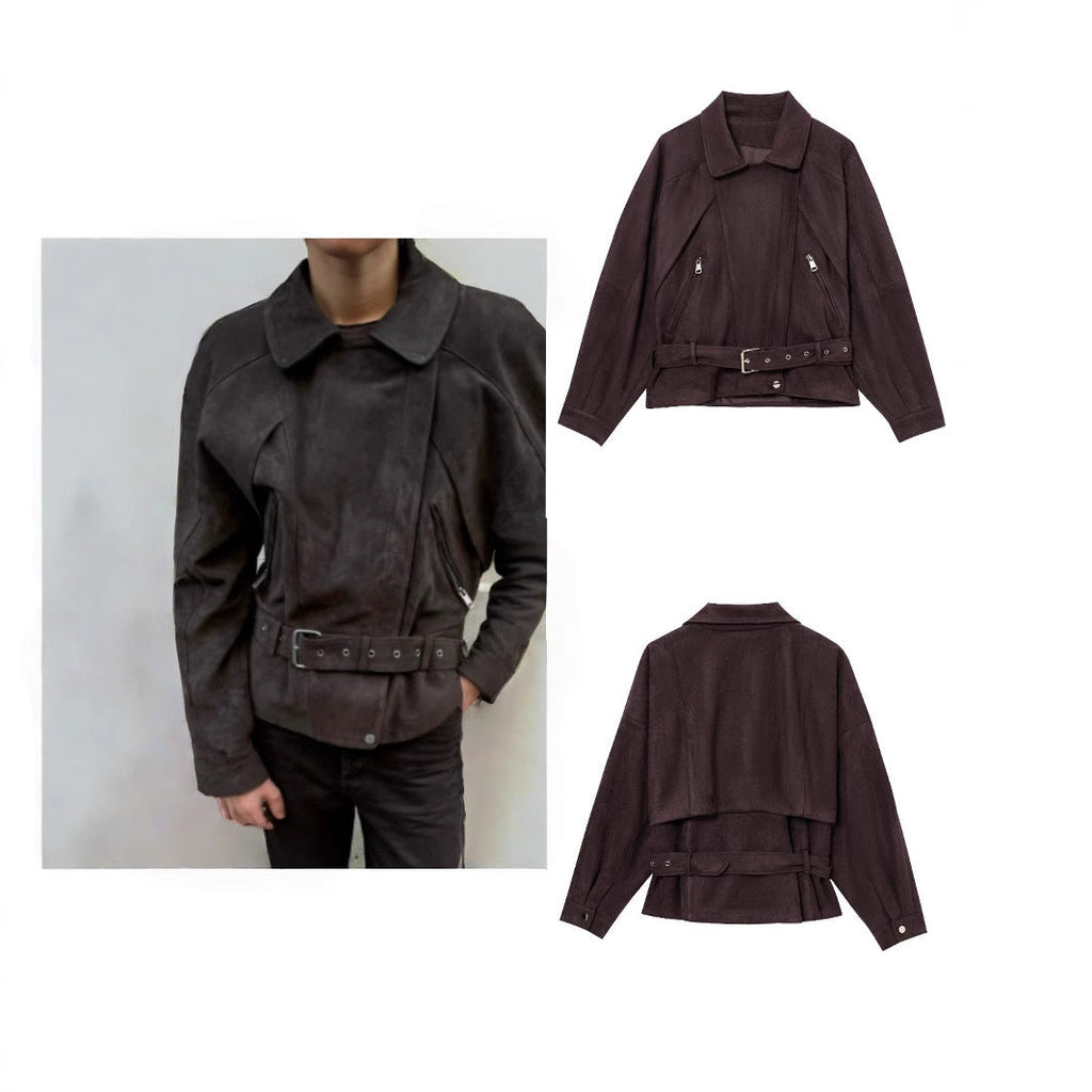 Women's Elegant Suede-Look Jacket with Fashionable Buckles and Practical Pockets