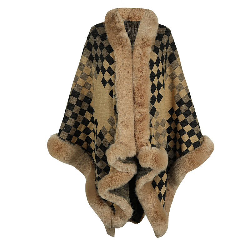 Women's Knit Poncho with Faux Fur Trim