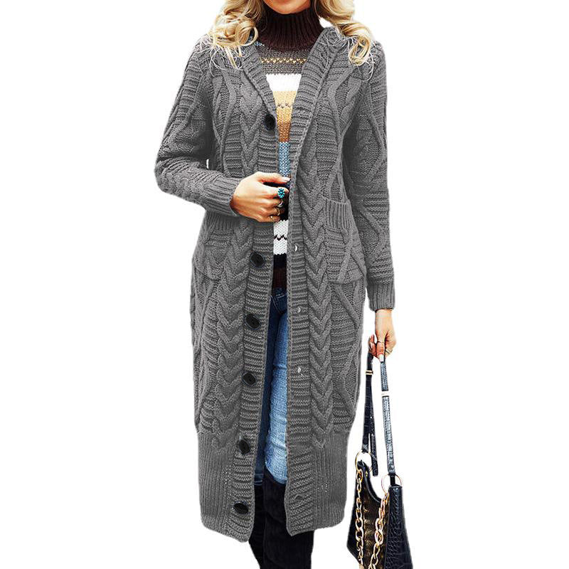 Elegant Women's Knit Coat with Deep V-Neck and Cable Knit Pattern