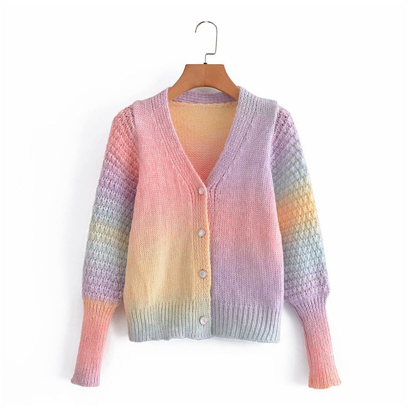 Women's Gradient Knit Cardigan with V-Neck and Button Placket