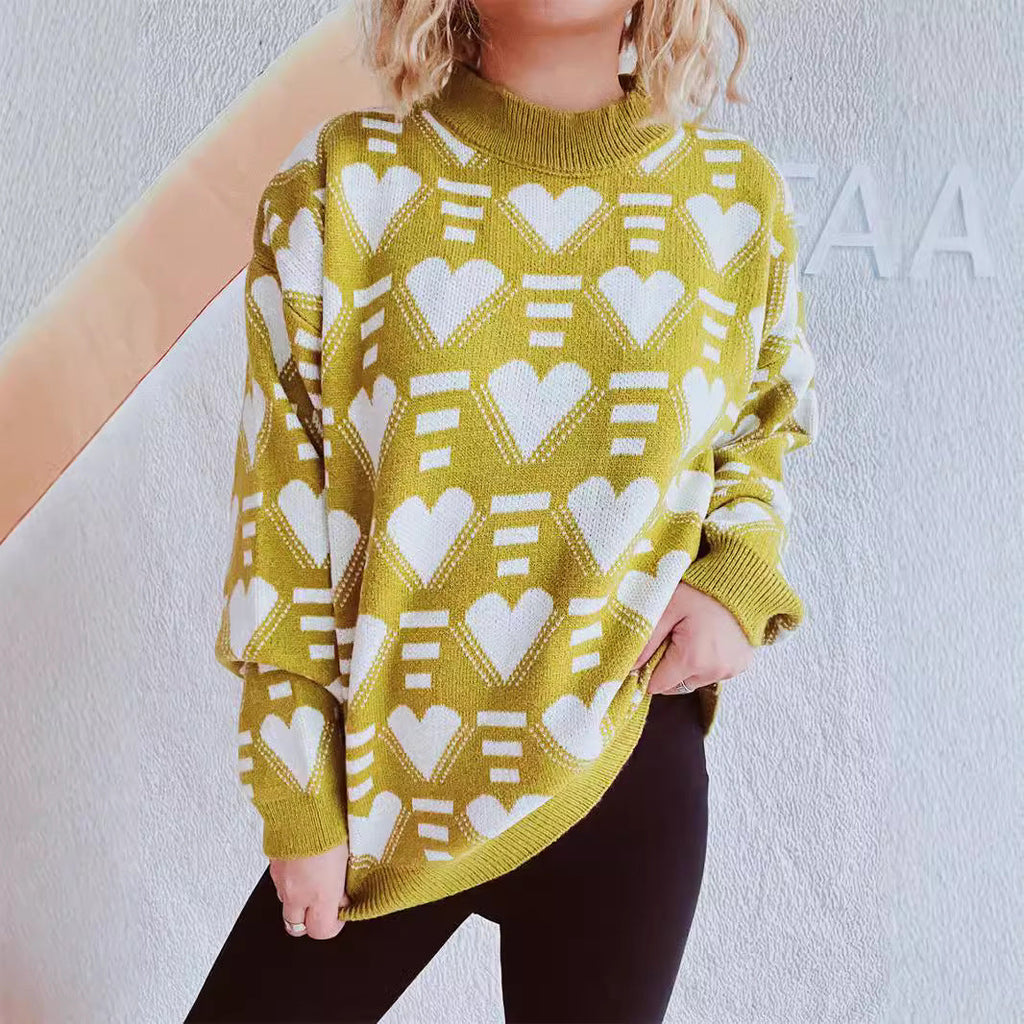 Women's Knit Sweater in Modern Heart Design with Wide Cut