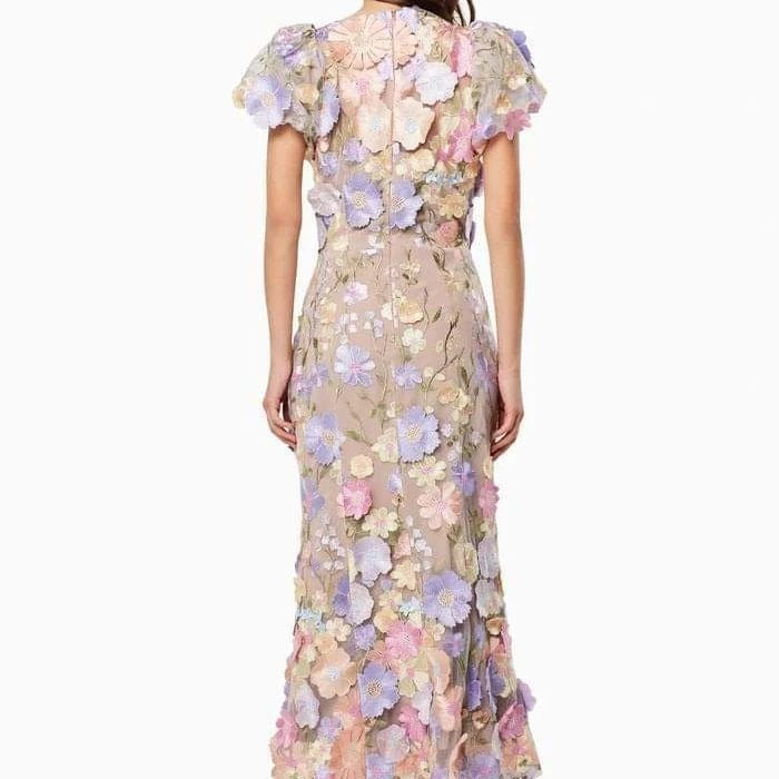 Women's Floral Dress with 3D Flower Appliqués